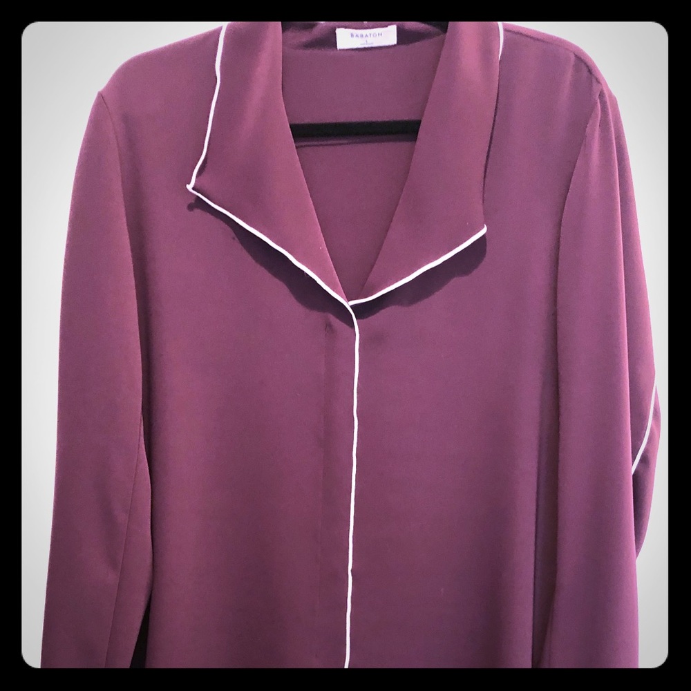 Great maroon colored silk top with white piping